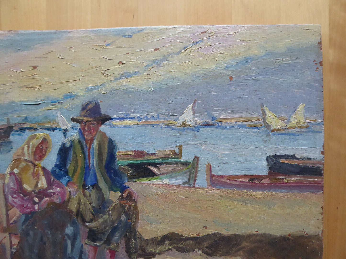 OIL PAINTING ON TABLE SEA SCENE BOATS FISHERMEN PAINTING SIGNED SEGURA MD2 