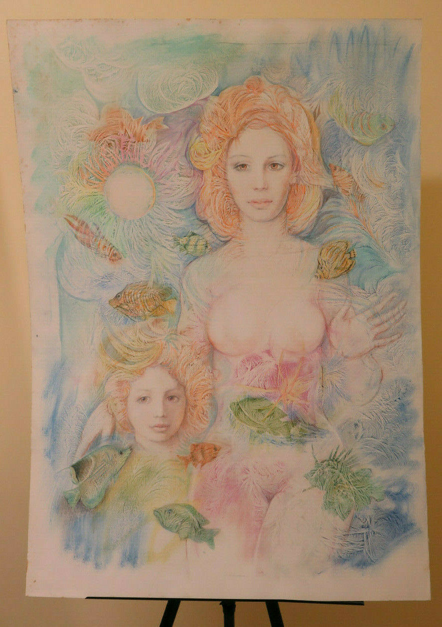 70x100 cm VINTAGE PAINTING MIXED TECHNIQUE NUDE FEMALE PORTRAIT P33.4