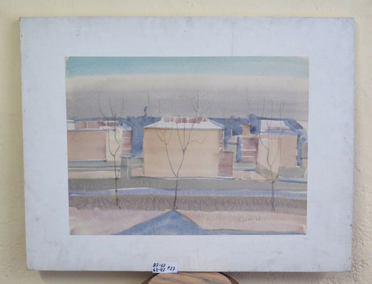 VINTAGE PAINTING FROM THE SIXTY'S SIGNED CITY VIEW IN WINTER WITH SNOW P27