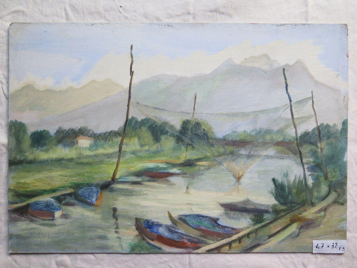 PAESAGGIO CON RETI DA PESCA QUADRO ANTICO DIPINTO OLIO SU TAVOLA CON GARANZIA p9 - Belbello Antiques