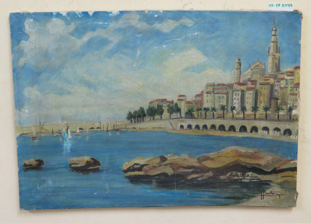 QUADRO AD OLIO VEDUTA DI MENTONE MENTON COSTA AZZURRA FIRMATO BERTHOMIEU BM45 - Belbello Antiques