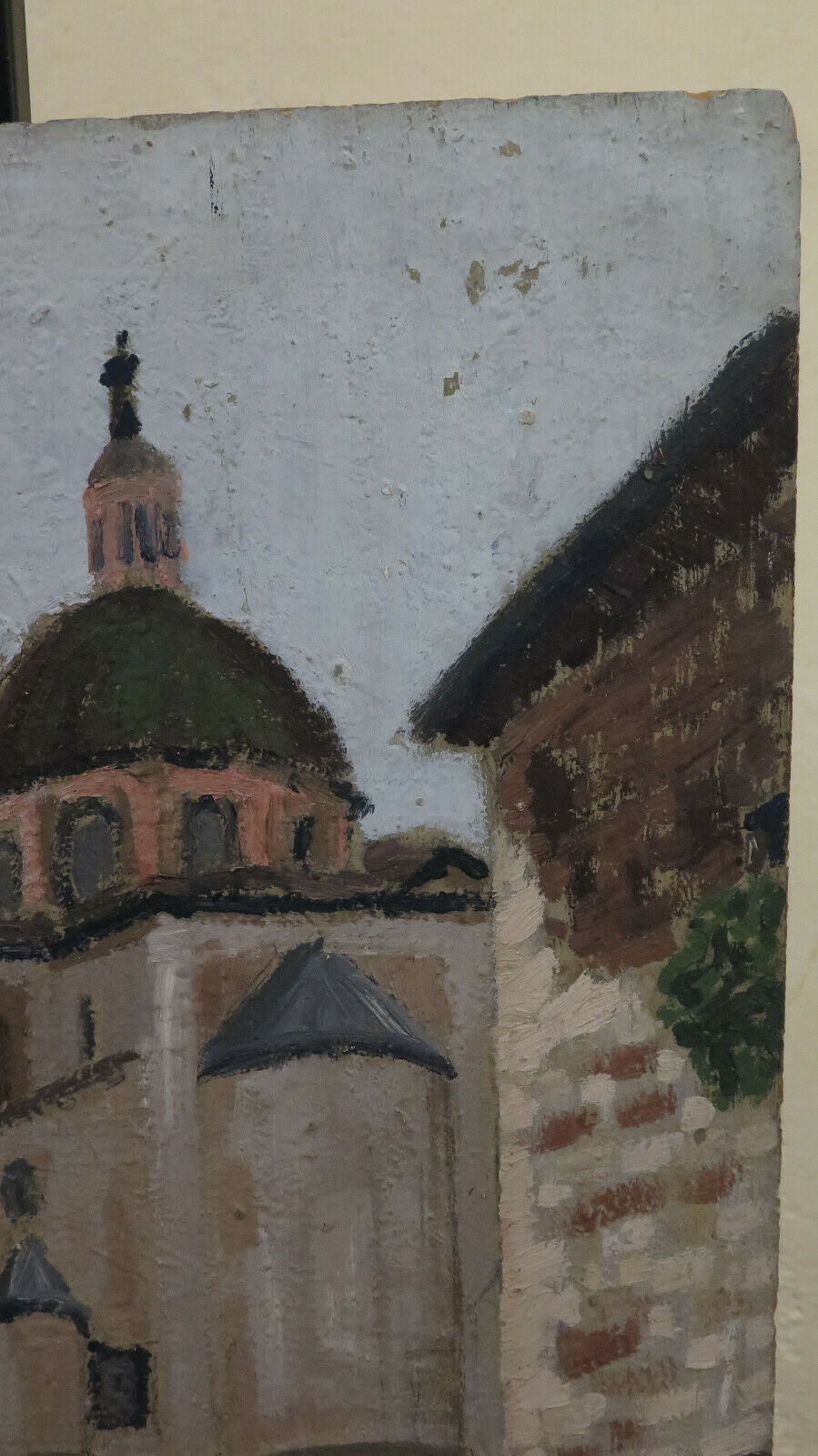 QUADRO AD OLIO EPOCA VEDUTA CHIESA CENTRO STORICO DIPINTO AD OLIO SU TAVOLA BM40