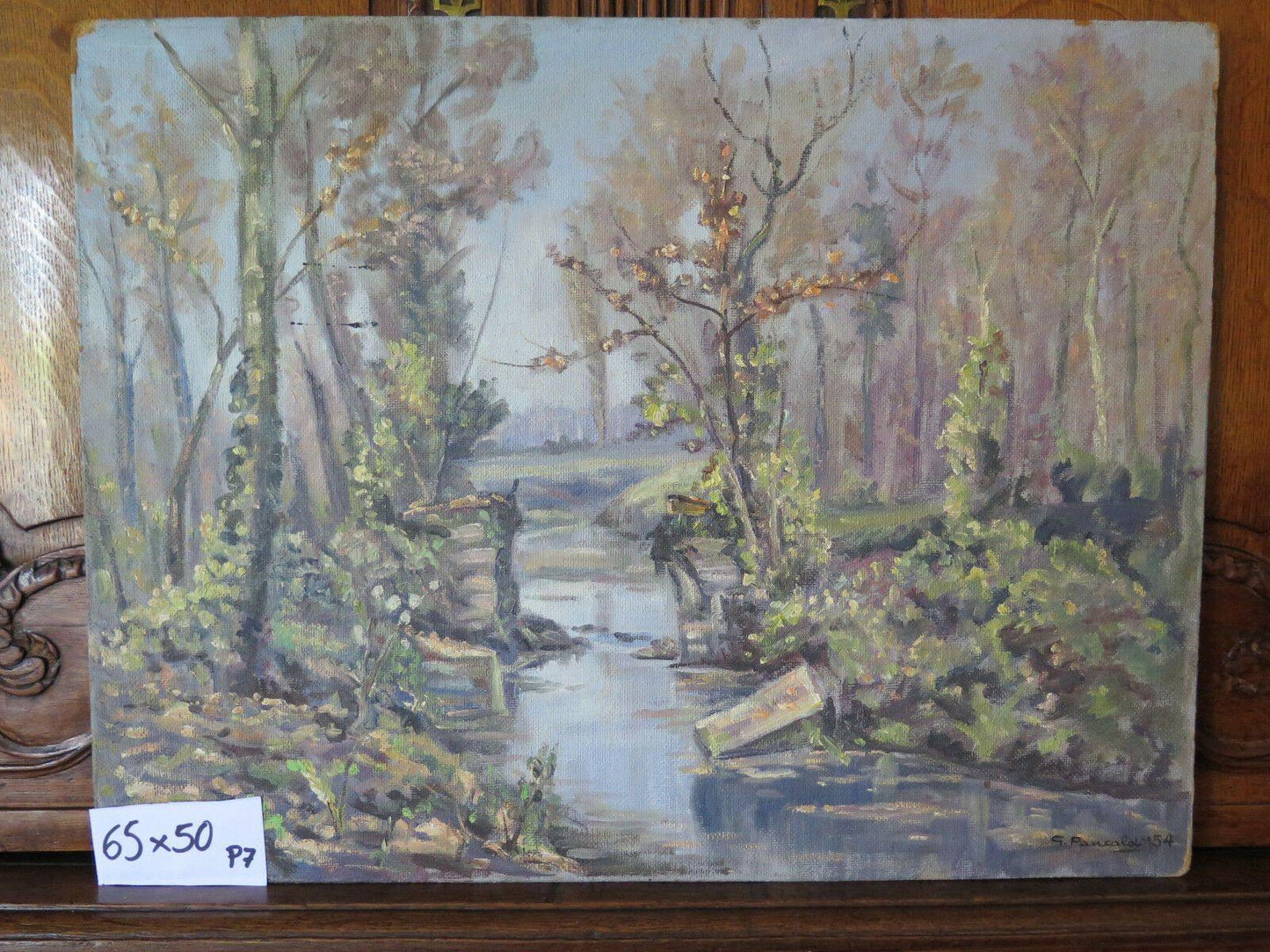 PAESAGGIO IN RIVA AL FIUME QUADRO ANTICO FIRMATO OLIO SU TAVOLA 1954 65x50 p7 - Belbello Antiques