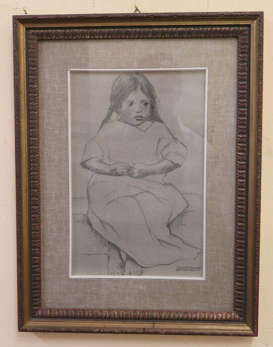 OLD PAINTING PORTRAIT OF A LITTLE GIRL SIGNED BETANZO PENCIL ON PAPER DRAWING BM51 