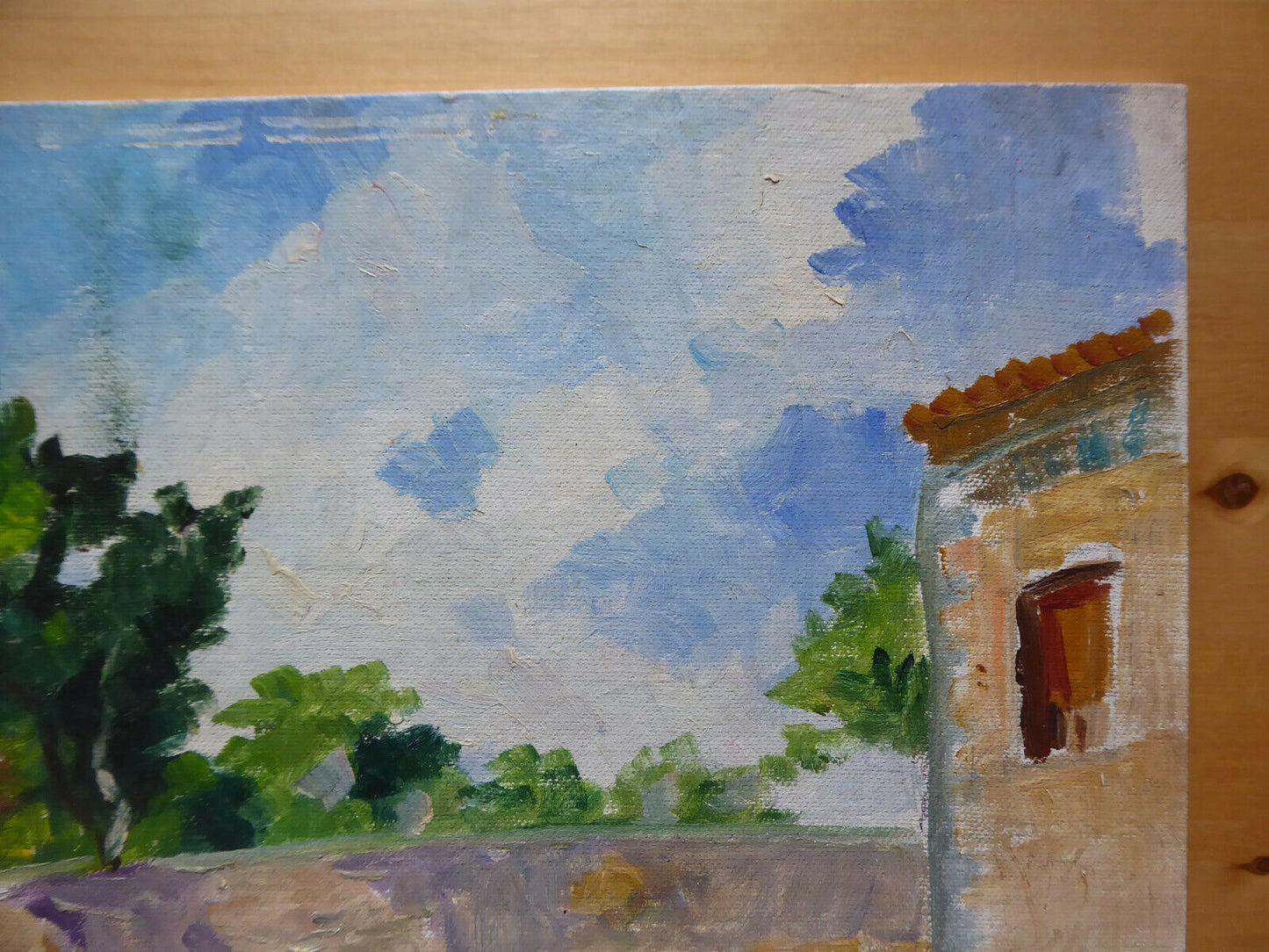 OIL PAINTING ON UNFINISHED PANEL VIEW OF SPANISH COUNTRY WORK PAINTER MD1