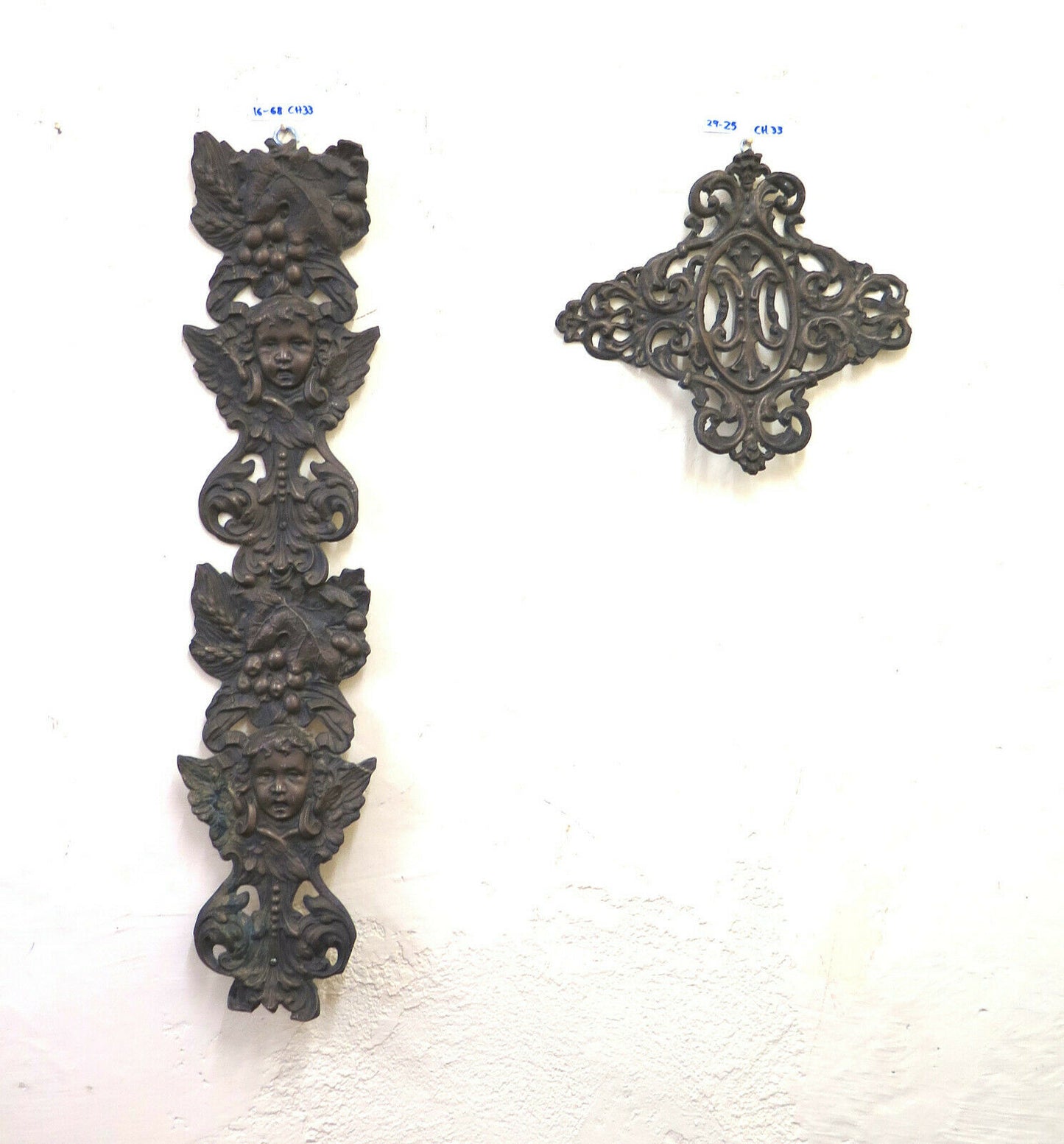 TWO ANCIENT EMBOSSED IRON FRIEZES BAROQUE WALL FRIEZE CH33 