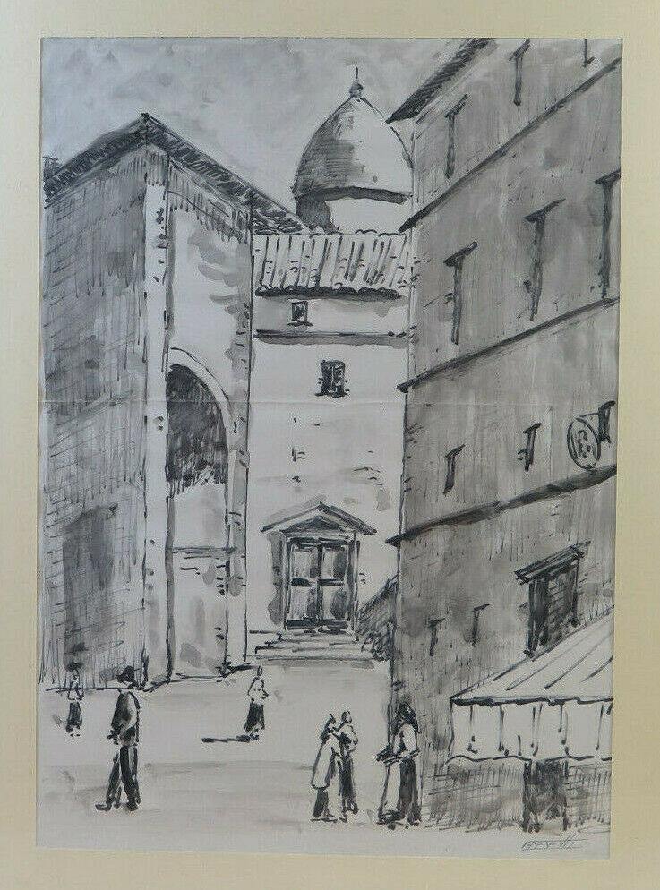 GENOVA CENTRO STORICO QUADRO VINTAGE DIPINTO ACQUERELLO SU CARTA VEDUTA  G38 - Belbello Antiques