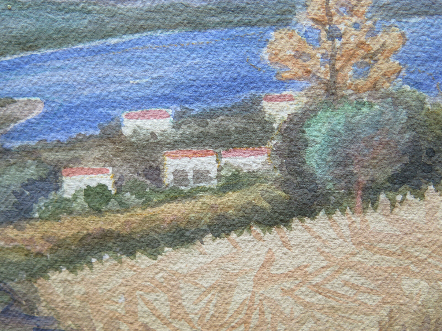 QUADRO VINTAGE DIPINTO ACQUERELLO PAESAGGIO CAMPAGNA EMILIA ROMAGNA 40x28 cm P14