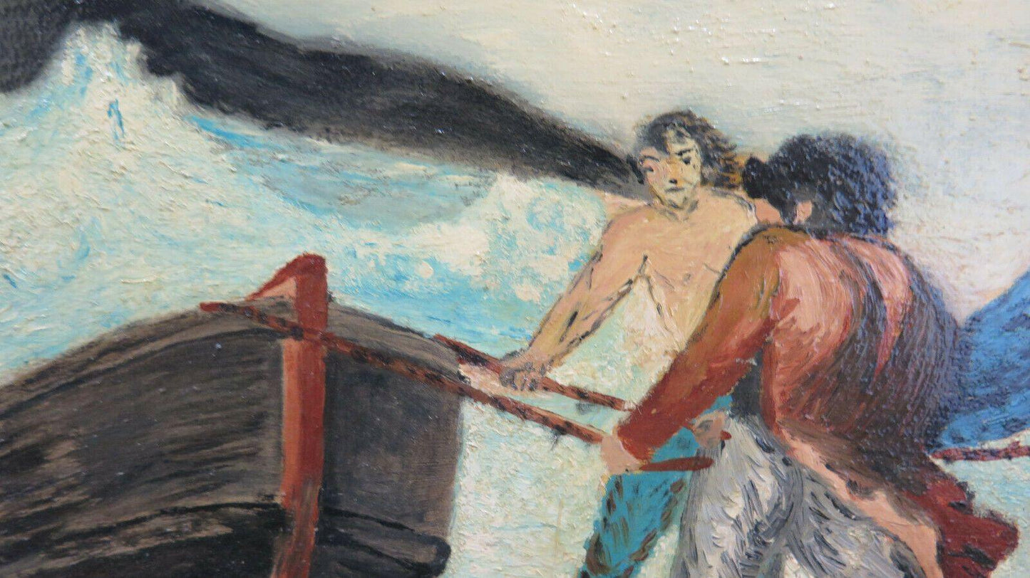 QUADRO AD OLIO SU TAVOLA PAESAGGIO DI MARE CON PESCATORI BARCA CANE SPIAGGIA X1 - Belbello Antiques