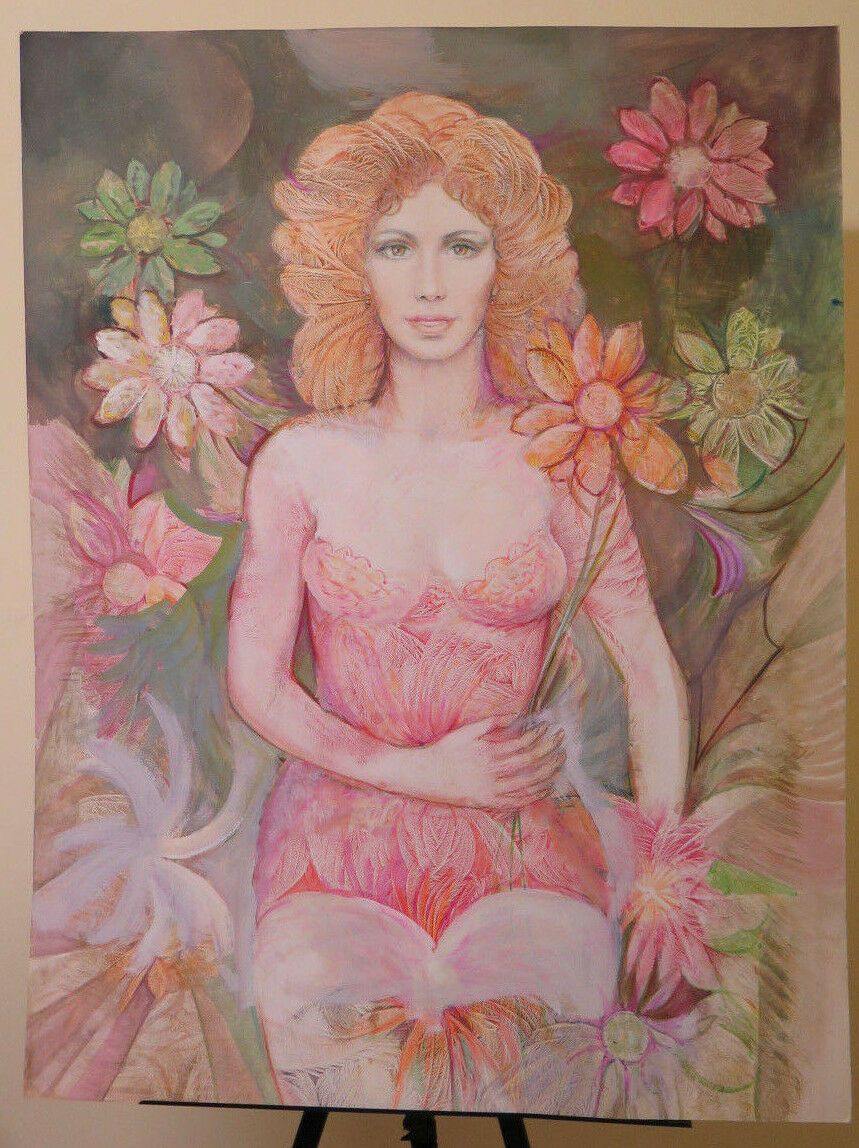 QUADRO VINTAGE DIPINTO TECNICA MISTA RITRATTO FEMMINILE CON FIORI FLOREALE P33.2 - Belbello Antiques