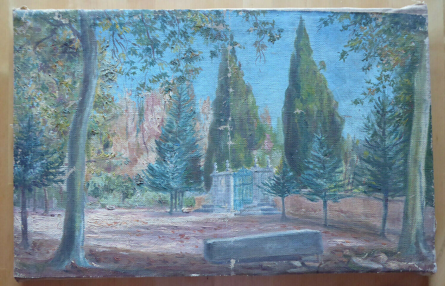 QUADRO ANTICO VEDUTA INGRESSO MONASTERO ESCORIAL MADRID DIPINTO OLIO TELA MD7 - Belbello Antiques