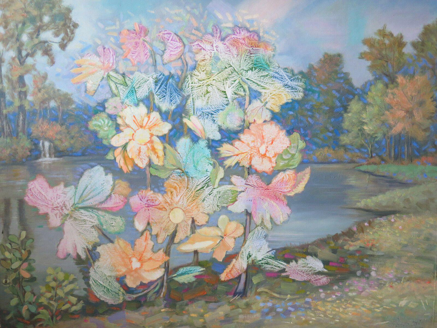 91x68 cm QUADRO AD OLIO VINTAGE PAESAGGIO FIORI LAGO ALBERI BOSCO FIRMATO P19 - Belbello Antiques