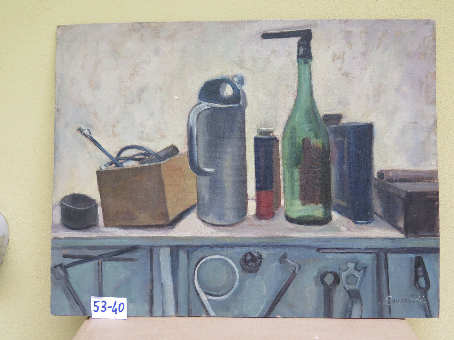 MODERN WORKSHOP INTERIOR OIL PAINTING WITH ANCIENT TRADE TOOLS SIGNED