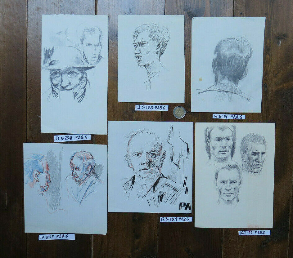 SIX ANTIQUE DRAWINGS WITH STUDY FOR HUMAN FACES PENCIL PEN PAPER 1950s P28.6