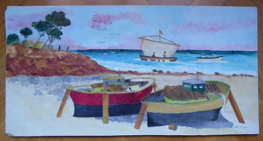 BARCHE DI PESCATORI SULLA SPIAGGIA VECCHIO QUADRO DIPINTO OLIO FIRMATO MD6 - Belbello Antiques