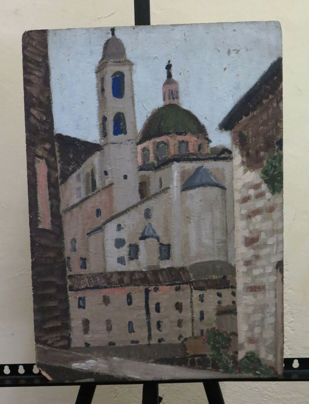 QUADRO AD OLIO EPOCA VEDUTA CHIESA CENTRO STORICO DIPINTO AD OLIO SU TAVOLA BM40