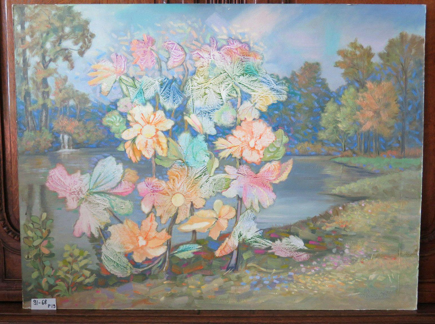 91x68 cm QUADRO AD OLIO VINTAGE PAESAGGIO FIORI LAGO ALBERI BOSCO FIRMATO P19 - Belbello Antiques