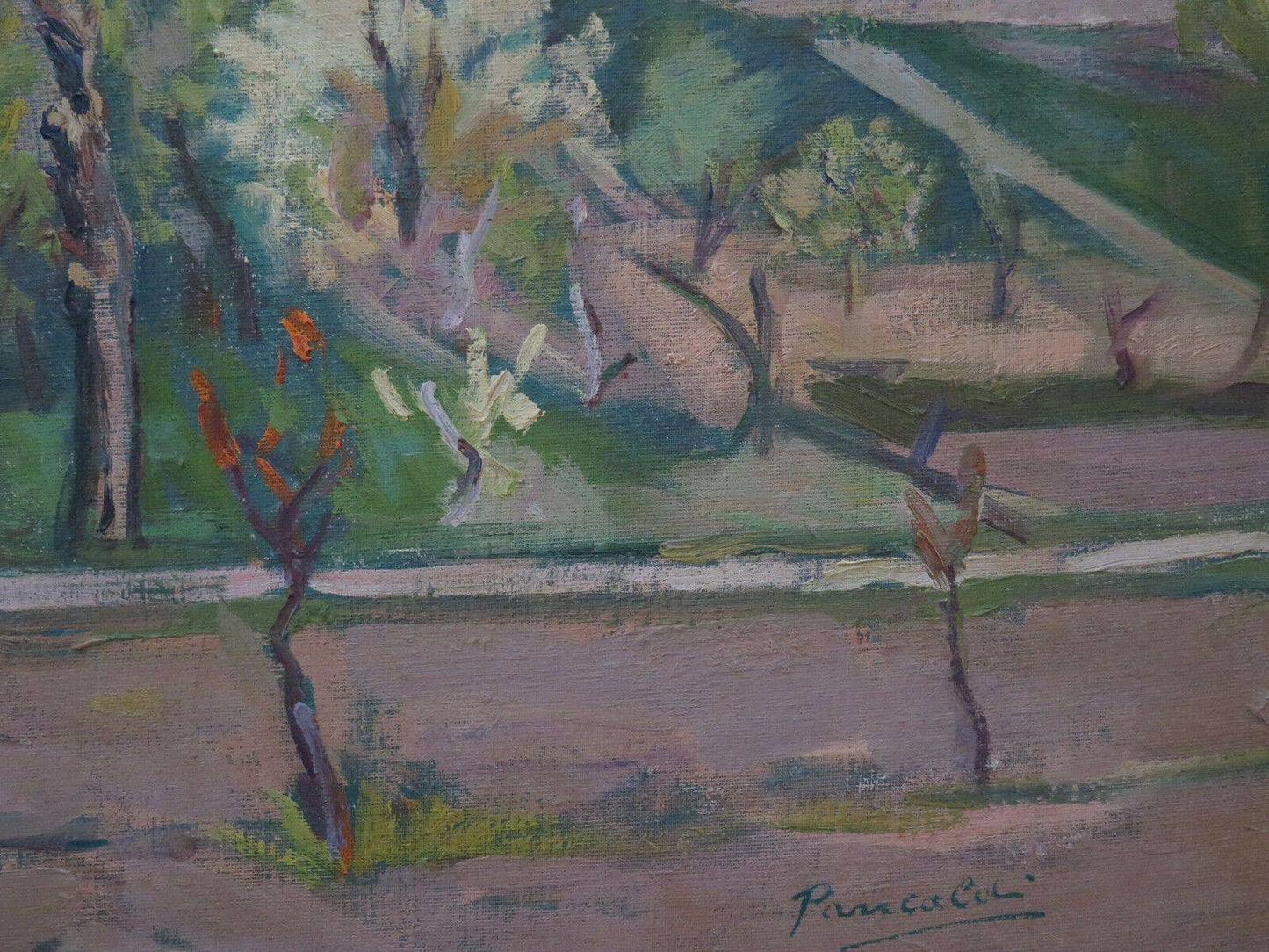 QUADRO ANTICO DIPINTO OLIO SU TAVOLA FIRMATO PAESAGGIO IN PRIMAVERA 100x40 p7 - Belbello Antiques