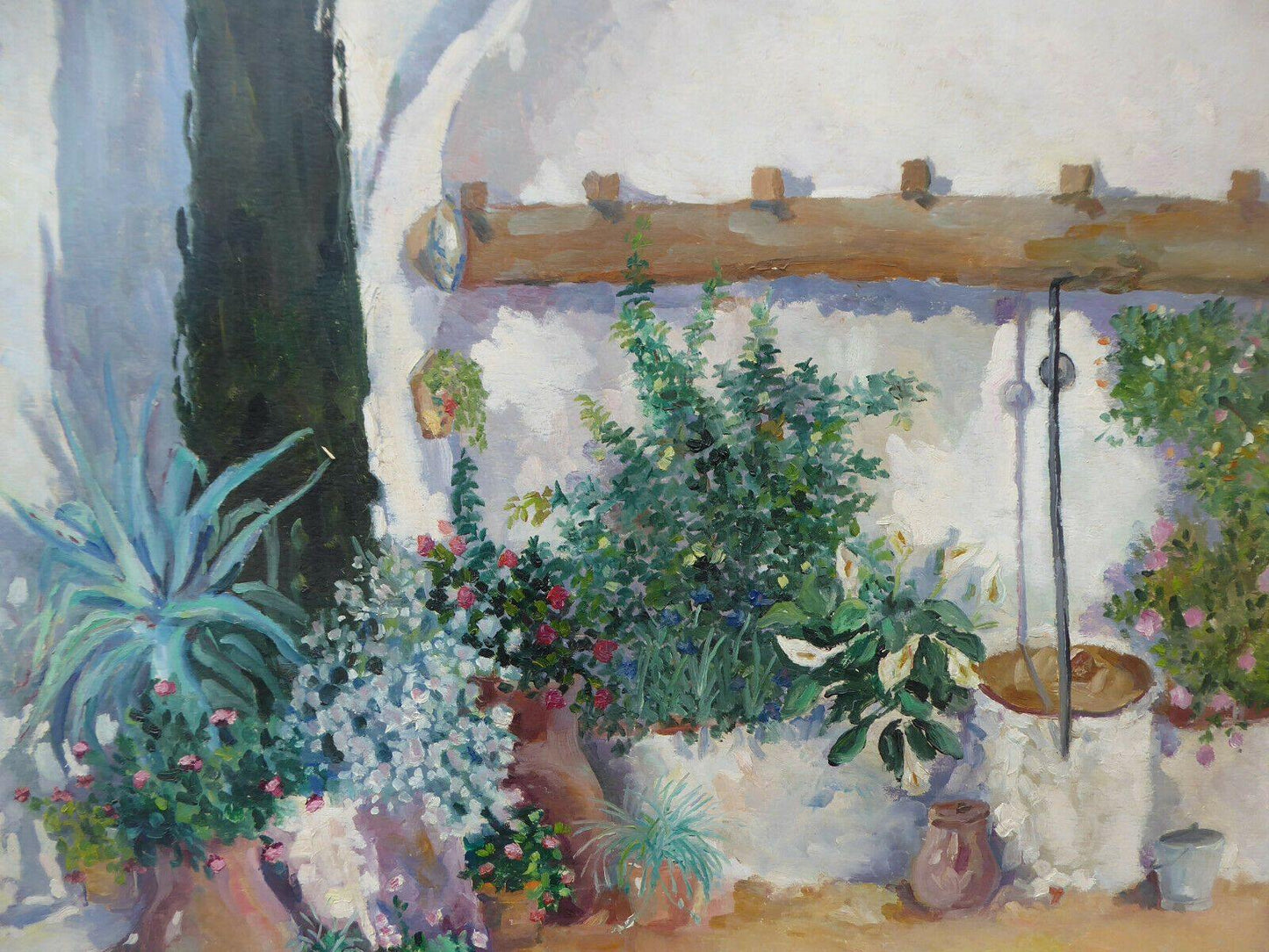 GRANDE QUADRO OLIO VEDUTA CORTILE VINTAGE PITTORE SPAGNOLO VICENTE SEGURA MD11 - Belbello Antiques