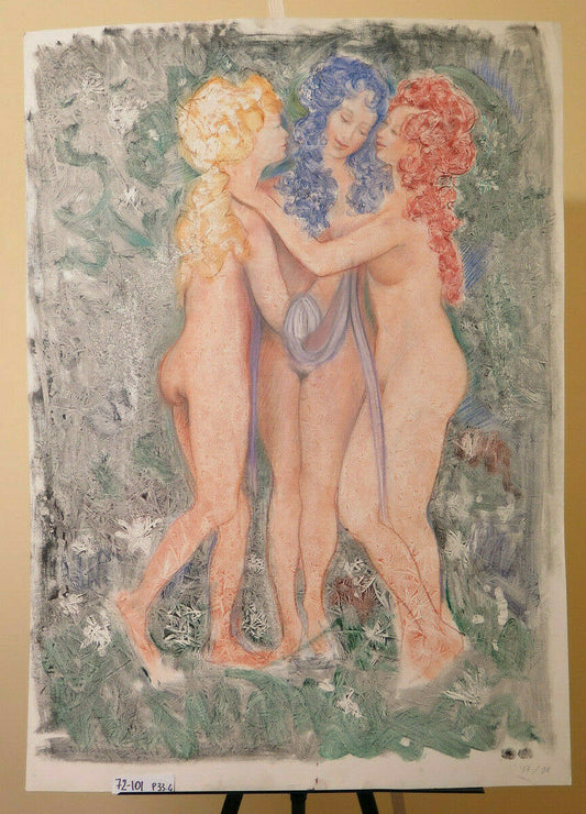 72x101 cm QUADRO VINTAGE DIPINTO CON TECNICA DEL GELO NUDO TRE GRAZIE P33.4