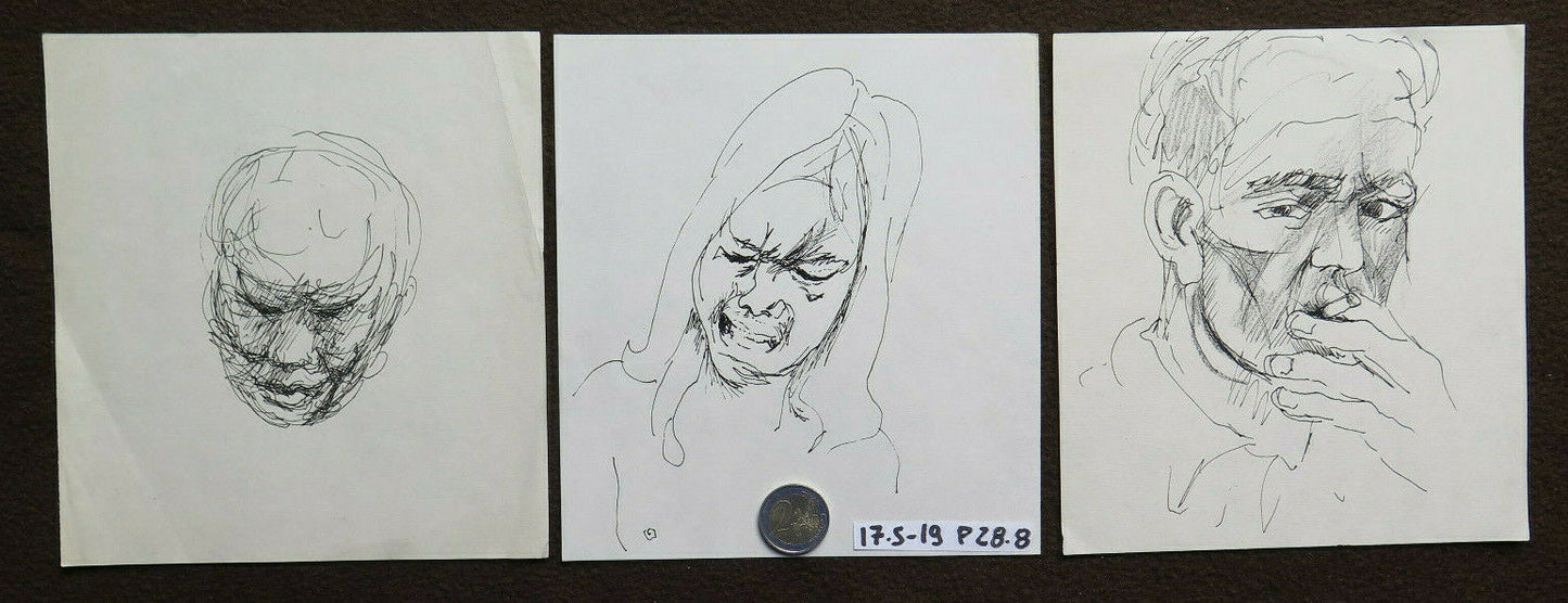 THREE PORTRAIT DRAWINGS OF MAN AND WOMAN OLD VINTAGE PEN ON PAPER 1960s P28.8