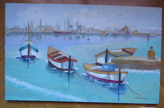 VECCHIO QUADRO OLIO SU TAVOLA VINTAGE MARINA BARCHE MARE FIRMATO SPAGNA '900 MD6 - Belbello Antiques