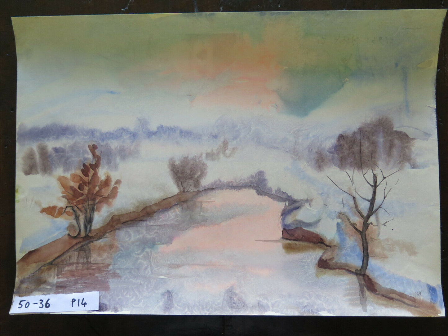 50x35 cm VINTAGE WATERCOLOR PAINTING COUNTRYSIDE LANDSCAPE WINTER P14