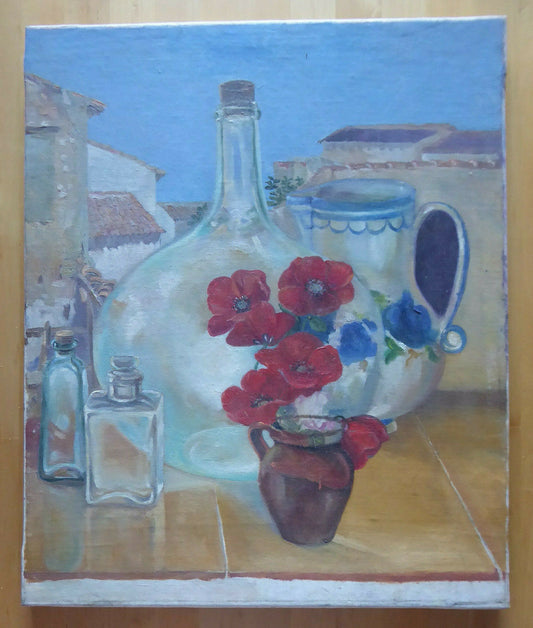 VECCHIO DIPINTO OLIO SU TELA NATURA MORTA FIORI OGGETTI QUADRO VINTAGE MD7 - Belbello Antiques