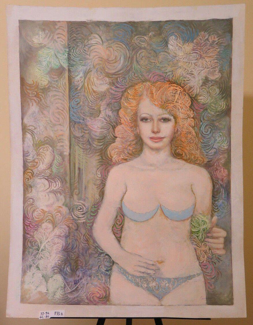 RITRATTO FEMMINILE NAIF POST MODERNO QUADRO DIPINTO A TECNICA MISTA ANNI80 P33.2 - Belbello Antiques