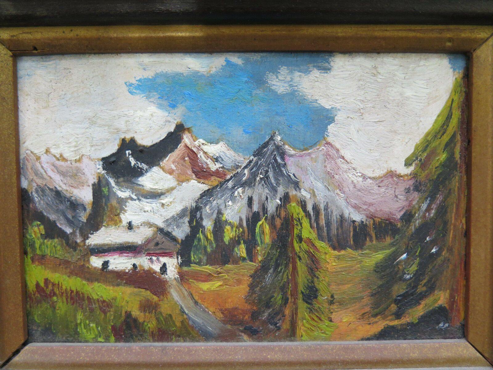 ANTICO DIPINTO AD OLIO SU TAVOLA PAESAGGIO DI MONTAGNA VEDUTA DELLE ALPI c6 - Belbello Antiques