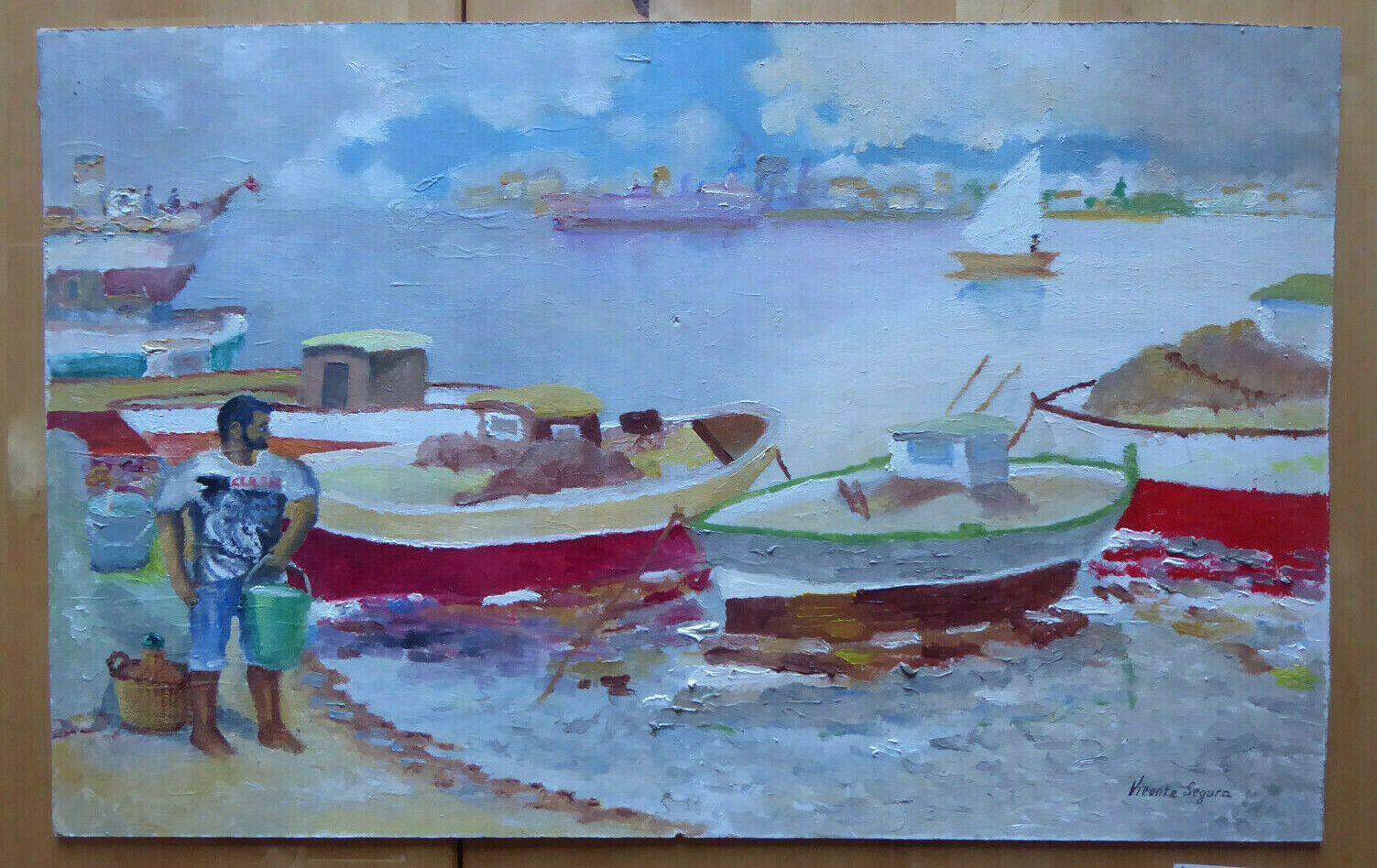 VECCHIO DIPINTO OLIO SU TAVOLA MARINA BARCHE FIRMATO SEGURA SPAGNA '900 MD4 - Belbello Antiques