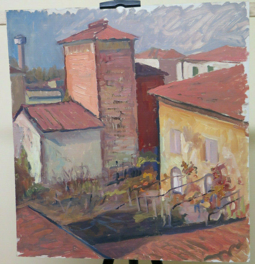 47x51 cm QUADRO VINTAGE DIPINTO AD OLIO PAESAGGIO VEDUTA DI PAESE EMILIA P32