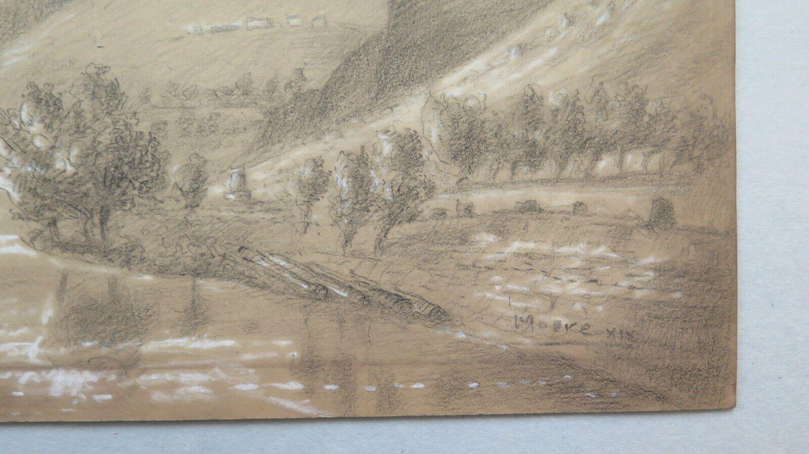 DISEGNO ANTICO MATITA SU CARTA PAESAGGIO MONTAGNE FIRMATO FRANCIA '800 BM53.2 - Belbello Antiques