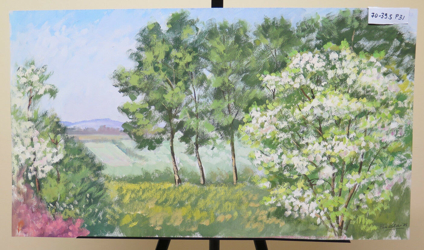 ANTIQUE OIL PAINTING ON PANEL COUNTRY LANDSCAPE TREES IN FLOWERING P31