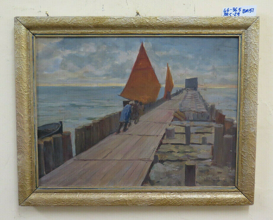 ANTIQUE OIL PAINTING ON TABLE OF SEA VIEW MARINA CHARACTERS SAILING BOAT BM51 