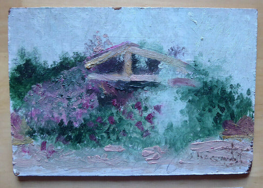 OLD OIL PAINTING ON SMALL PAINTING LANDSCAPE IN FLOWERING VINTAGE MD1 