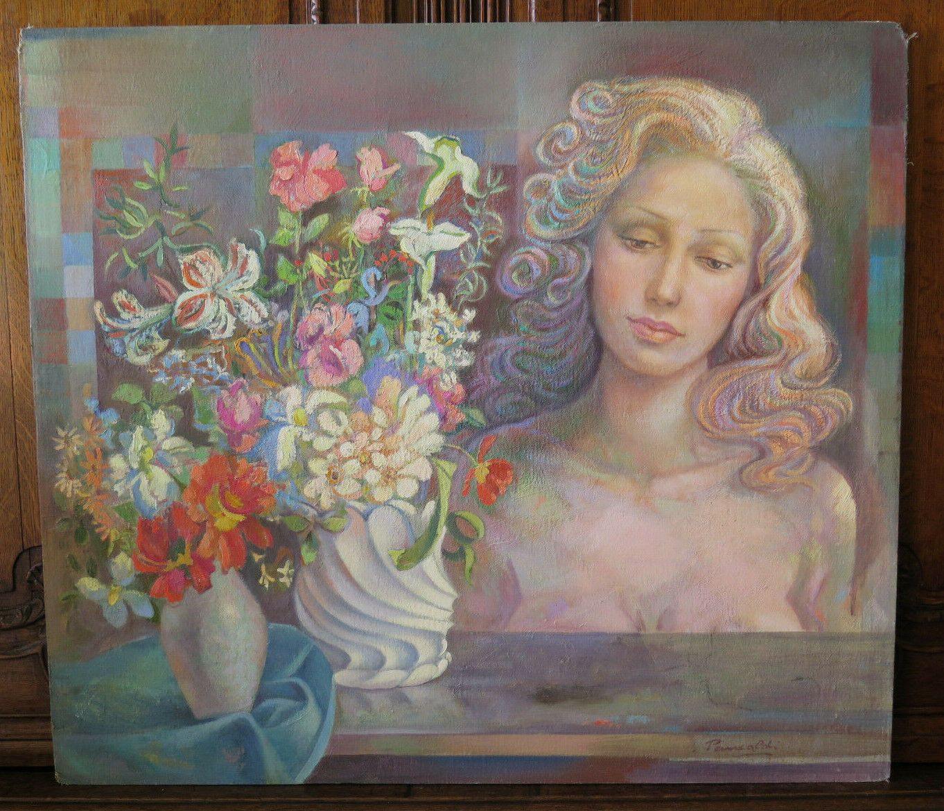 81x71 cm QUADRO OLIO DIPINTO VINTAGE RITRATTO NUDO FEMMINILE TAVOLA FIRMATO P20 - Belbello Antiques