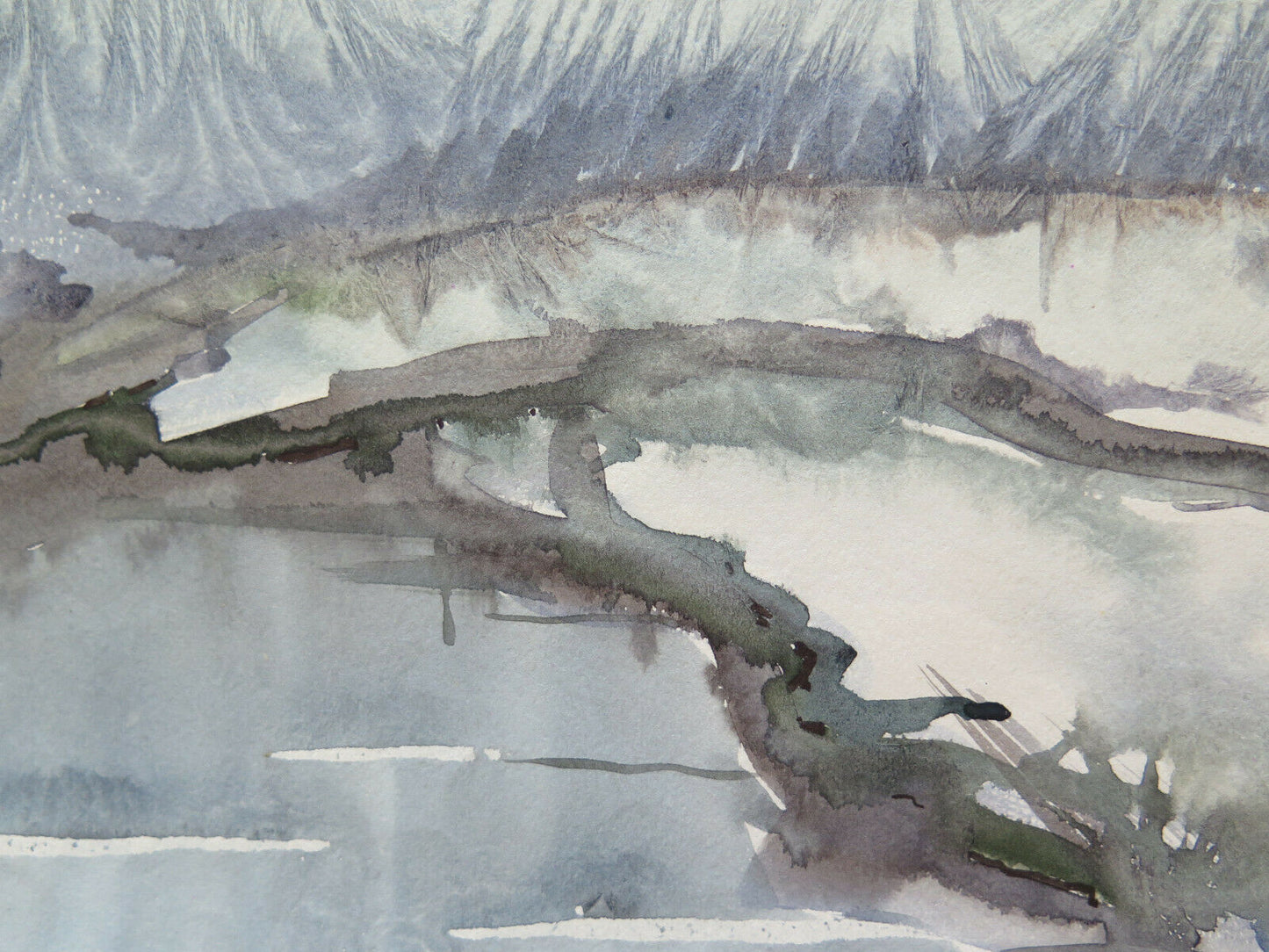 46x33 cm OLD WATERCOLOR ABSTRACT WINTER LANDSCAPE WITH MIXED TECHNIQUE P14