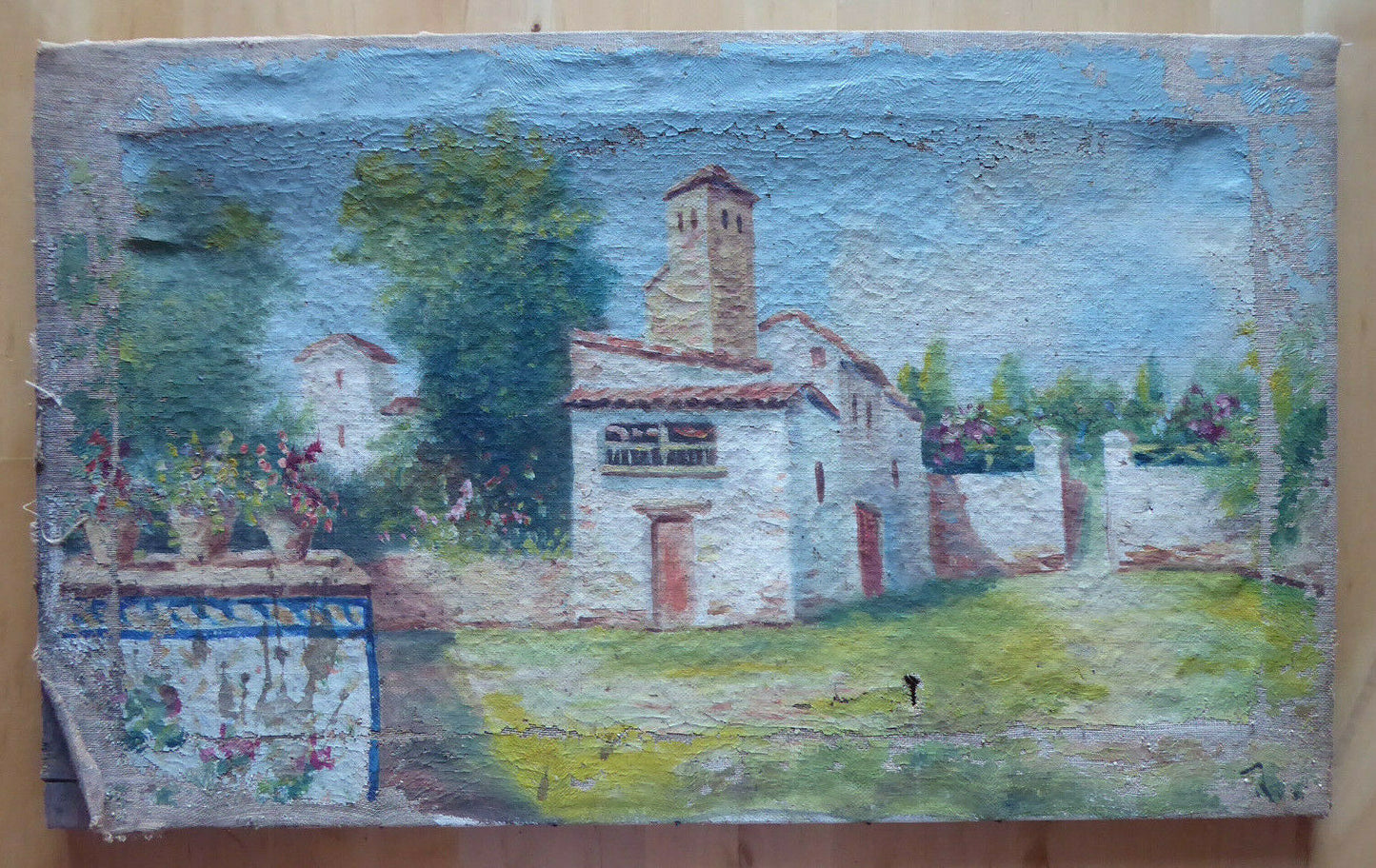 QUADRO ANTICO SPAGNOLO VEDUTA PAESE DI CAMPAGNA DIPINTO OLIO TELA SPAGNA MD7 - Belbello Antiques