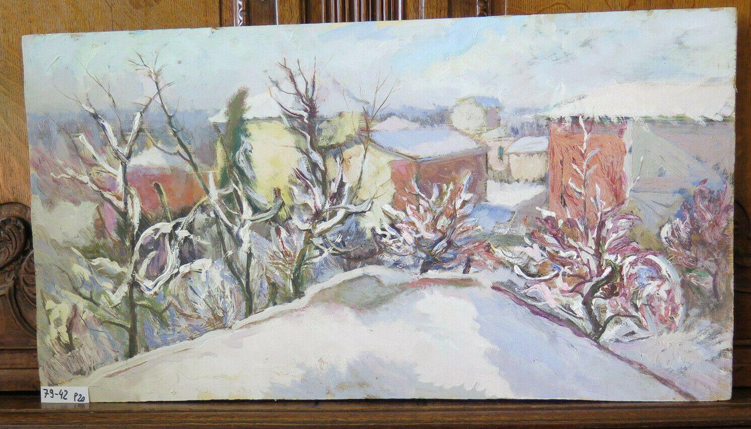 79x42 cm QUADRO AD OLIO DIPINTO VINTAGE VEDUTA PAESE STILE IMPRESSIONISTA P20 - Belbello Antiques