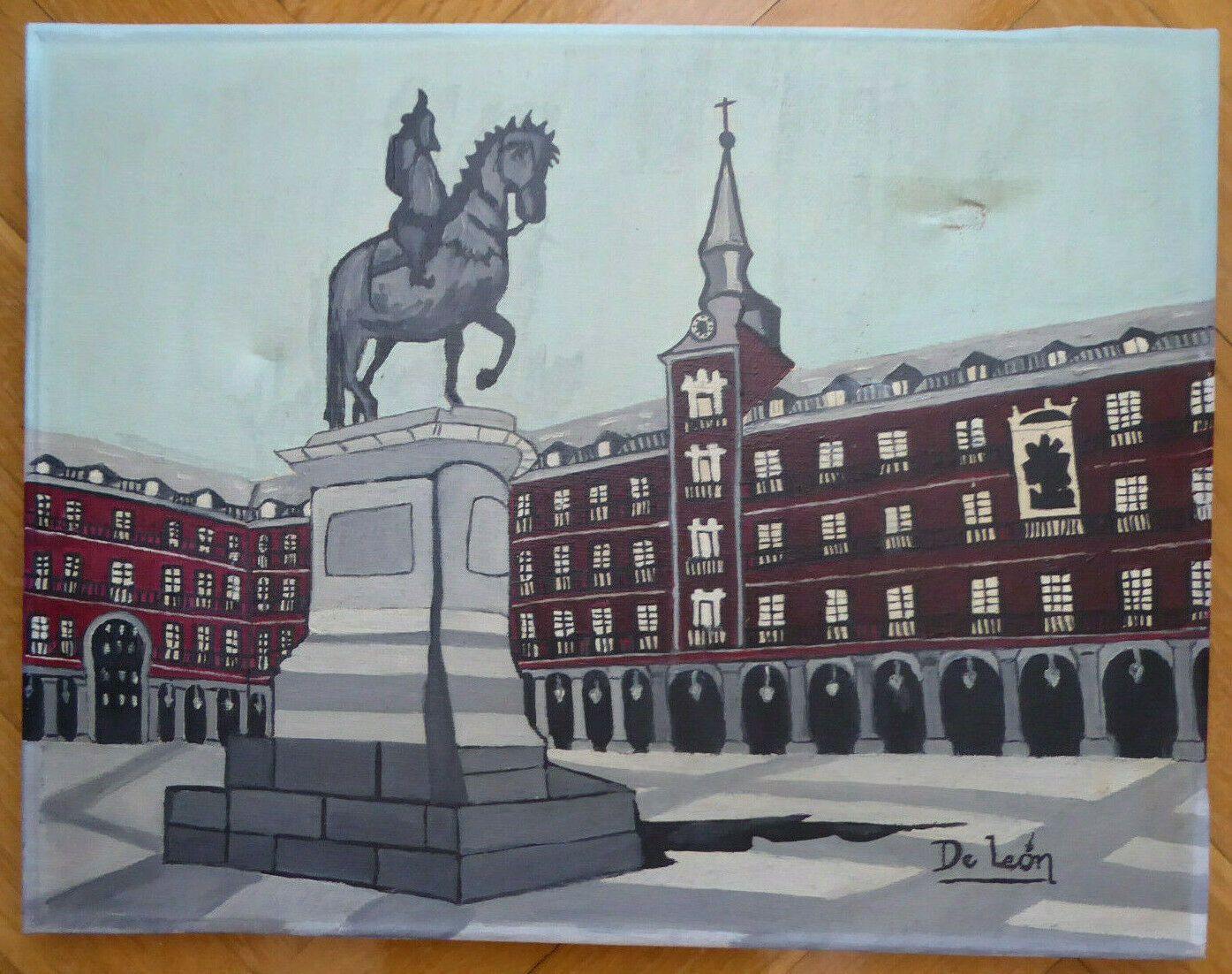 VECCHIO QUADRO AD OLIO SU TELA VEDUTA MADRID PLAZA MAYOR FIRMATO DE LEON MD5 - Belbello Antiques