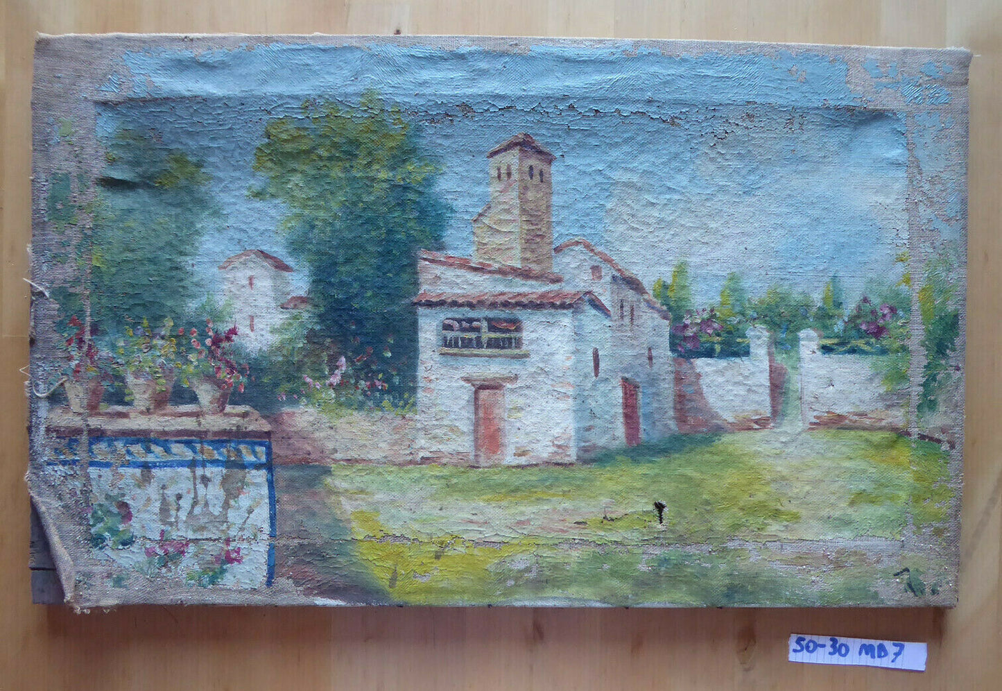 QUADRO ANTICO SPAGNOLO VEDUTA PAESE DI CAMPAGNA DIPINTO OLIO TELA SPAGNA MD7 - Belbello Antiques