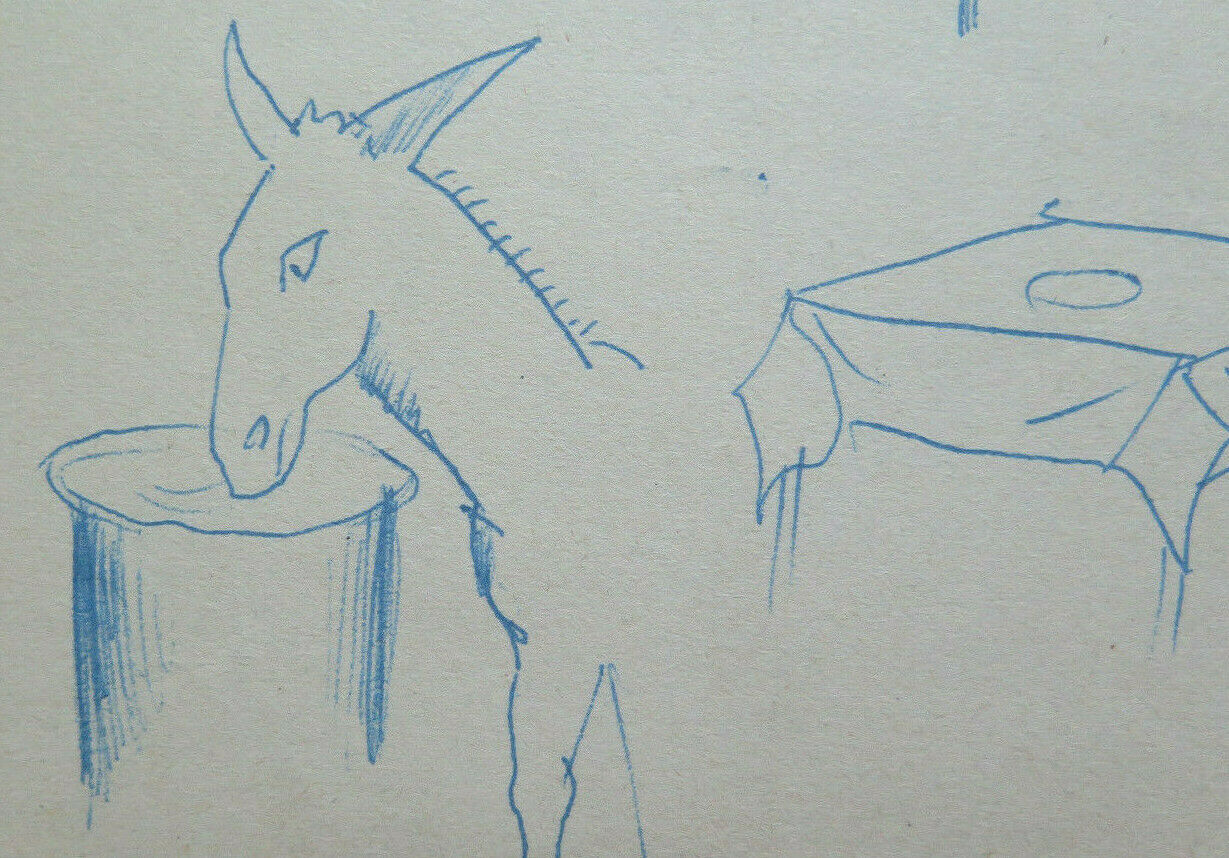 VECCHIO DISEGNO A PENNA SU CARTA BOZZETTO STUDIO FIGURE ED ANIMALI EPOCA P28.5