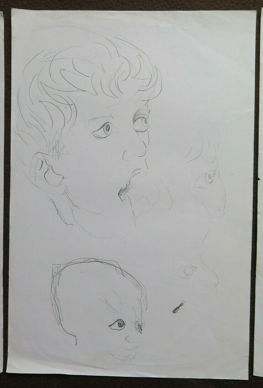 THREE DRAWINGS STUDY PORTRAITS OF HUMAN FACES ON PAPER SKETCH SKETCH ART P28.8