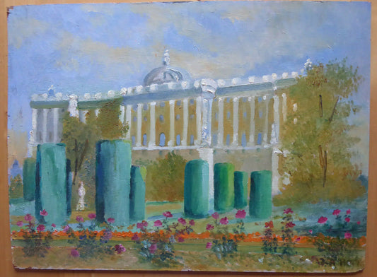 OIL PAINTING ON OLD TABLE VIEW OF MADRID SPAIN ROYAL PALACE SIGNED MD2