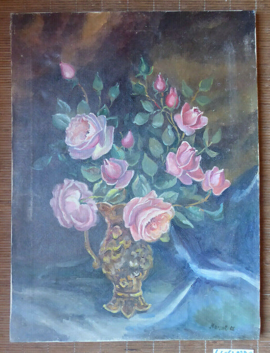 QUADRO A FIORI ROSE VINTAGE VECCHIO EPOCA '900 FIRMATO DIPINTO OLIO SU TELA MD8