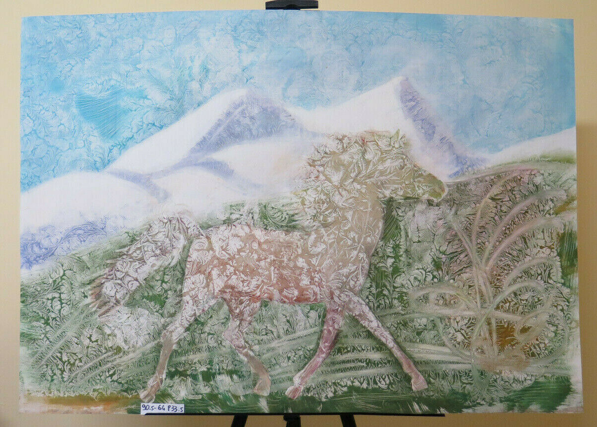 4 VINTAGE EQUESTRIAN PAINTINGS WITH HORSE PAINTED WITH FROST TECHNIQUE 80'S P33.5