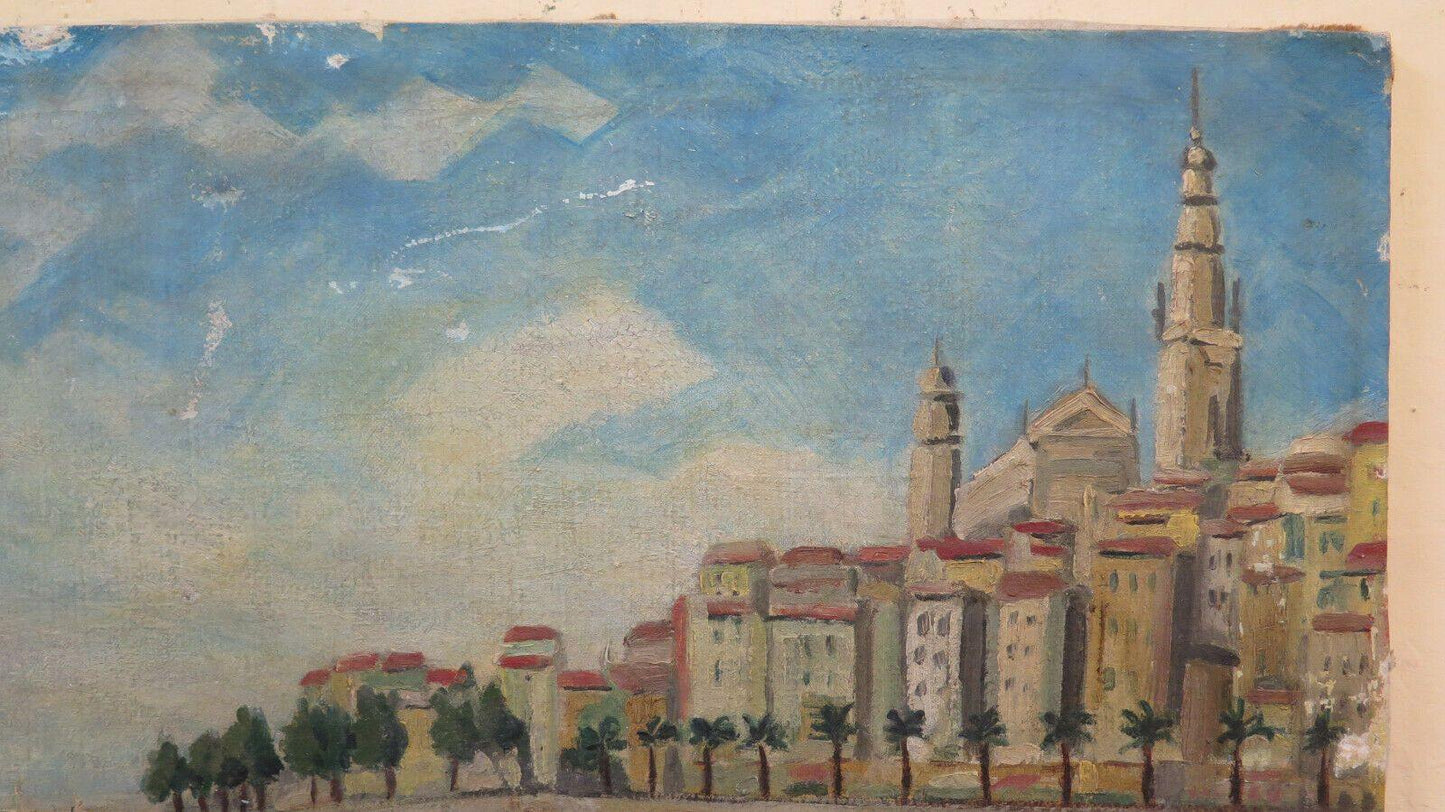 QUADRO AD OLIO VEDUTA DI MENTONE MENTON COSTA AZZURRA FIRMATO BERTHOMIEU BM45 - Belbello Antiques