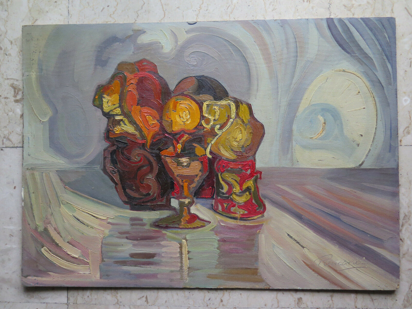 70x50 cm VINTAGE OIL PAINTING FROM THE FIFties SIGNED STILL LIFE PLATE P21 