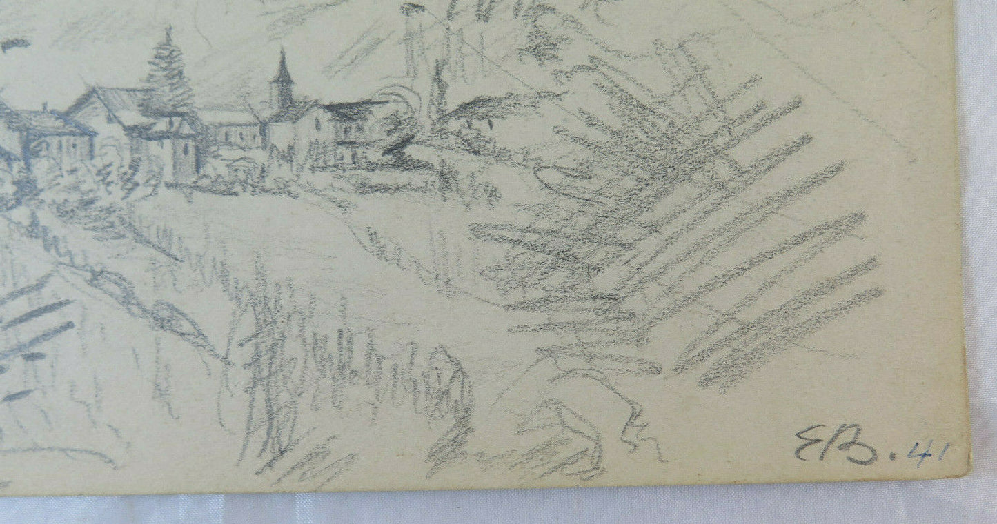 DISEGNO ANTICO FIRMATO BISCHOFF ANNI 40 PAESAGGIO ALPINO ALPI SVIZZERA BM53.2